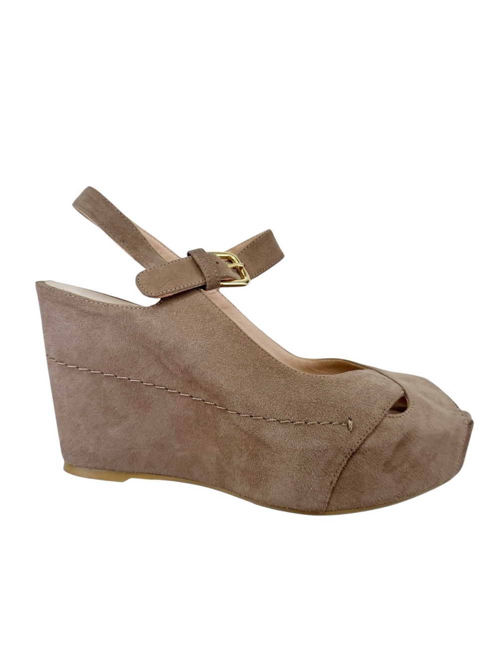 Stuart Weitzman Turnover Suede Wedge Shoes Sandals Taupe Beige Size 7 - Picture 6 of 14
